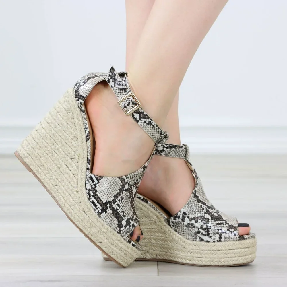 Faux Snakeskin Wedge Sandals Ankle Strap Espadrille Platform Buckle Closure